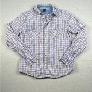 GAP lavender and khaki Plaid Casual Shirt with pearl snaps
Size: Small
